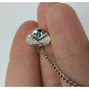 Vintage Swank Mens Blue Round Rhinetone Frosted Silver Tone Tie Tack Lapel Pin